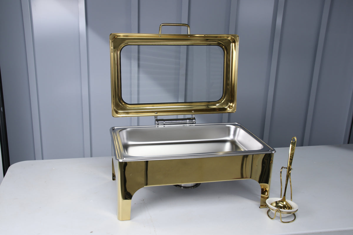 Gold Crystal Crown rectangle chafing dish, lid open, front view