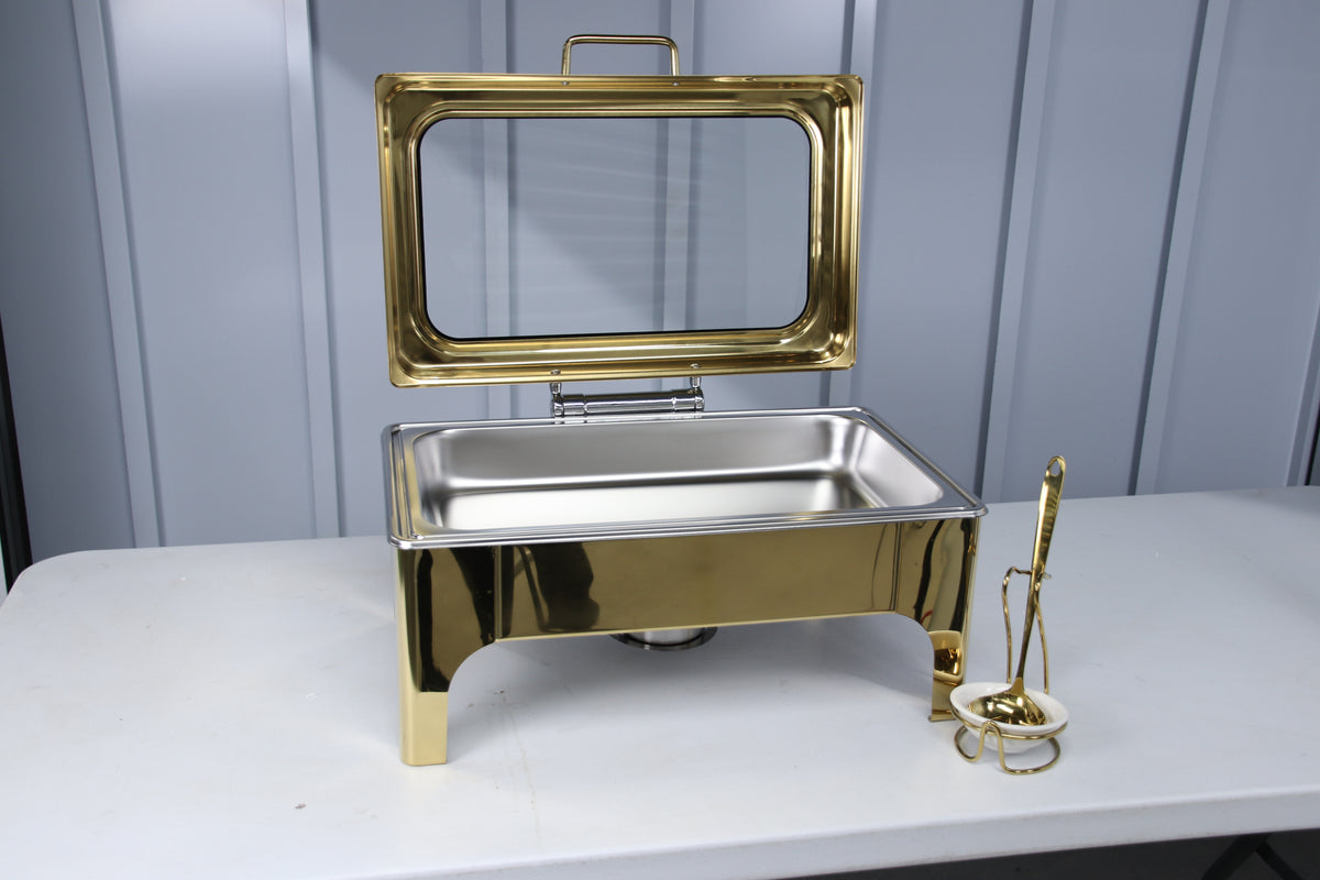 Gold Crystal Crown rectangle chafing dish, lid open, angled view