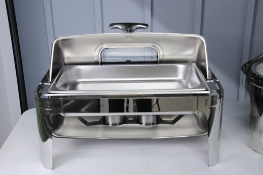 Silver Rolling Top rectangle chafing dish with the lid rolled open