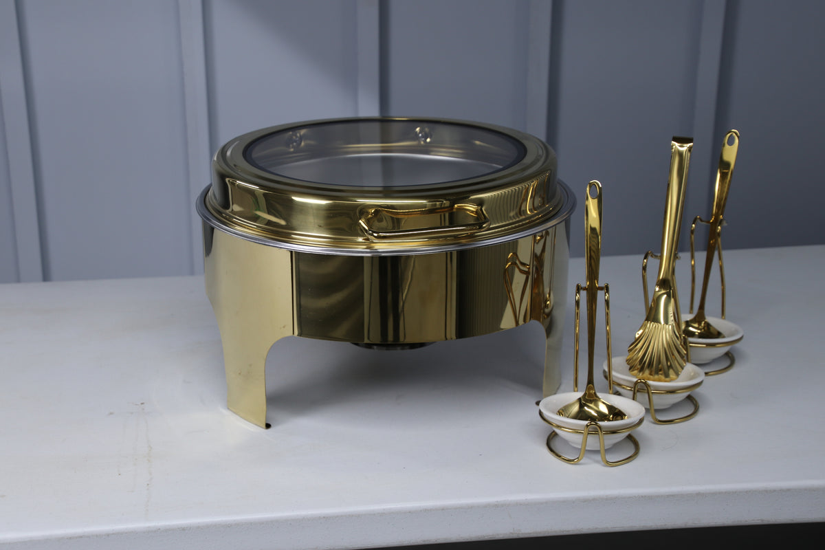 Gold Crystal Crown round chafing dish, closed, angled view