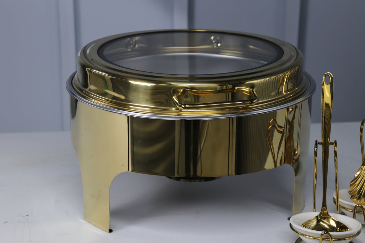 Close-up of the gold glass lid on the Crystal Crown round chafing dish