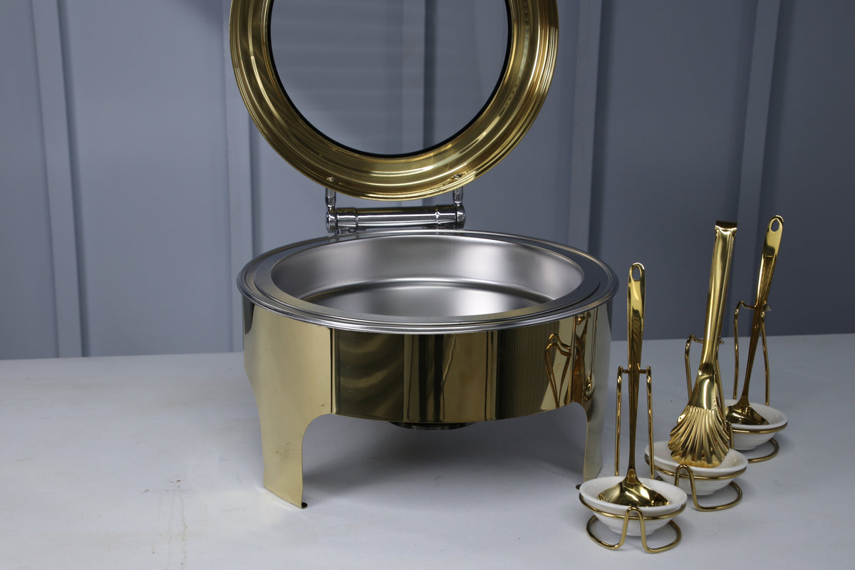 Gold Crystal Crown round chafing dish with the lid raised, front view