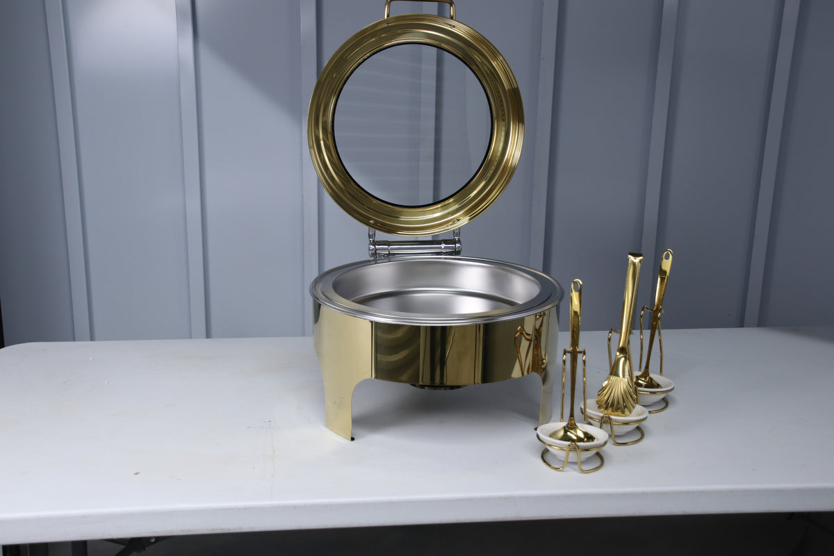 Gold Crystal Crown round chafing dish with the lid fully open