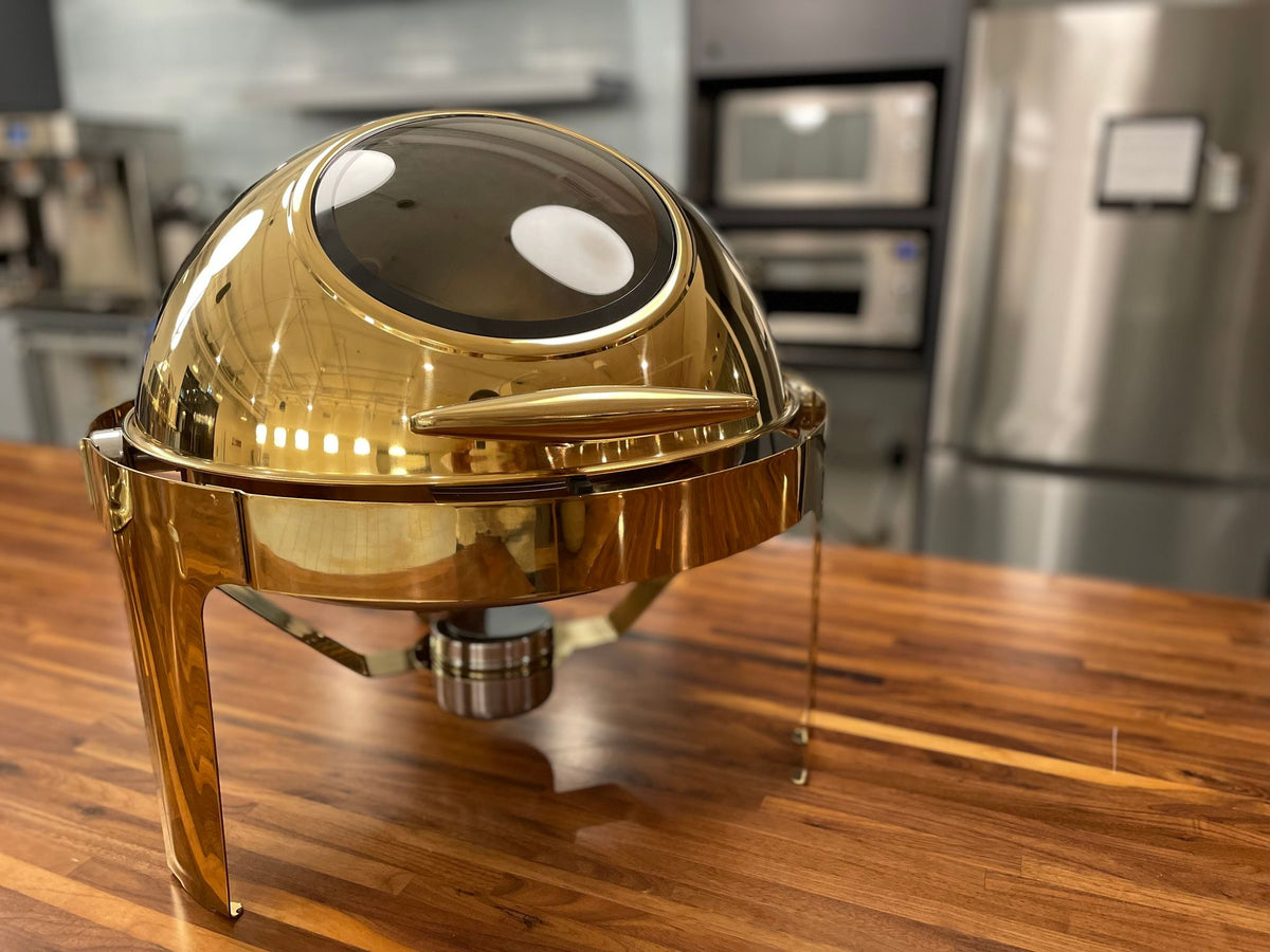 Gold Rolling Top round chafing dish, three-quarter view