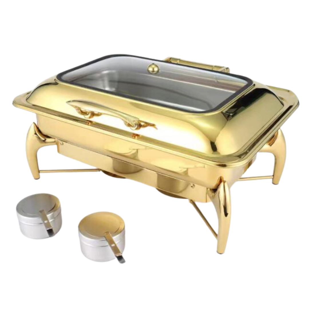 Luxury Dining rectangle chafing dish in gold, 9 litre, glass lid and curved legs