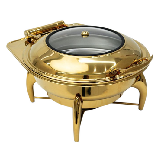 Luxury Dining round chafing dish in gold, 6 litre, glass lid and curved legs