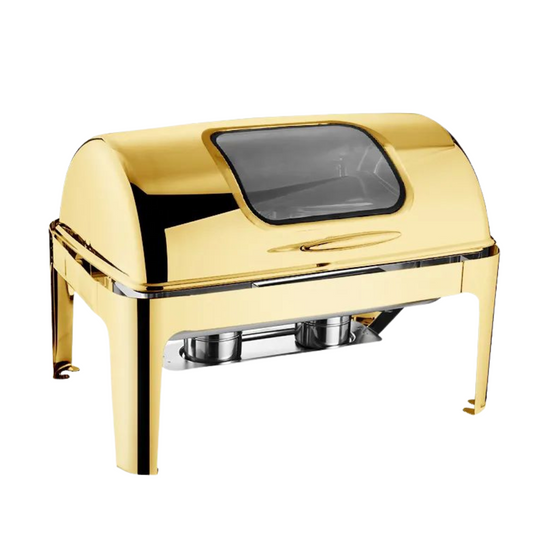 Gold Rolling Top rectangle chafing dish, closed, front three-quarter view