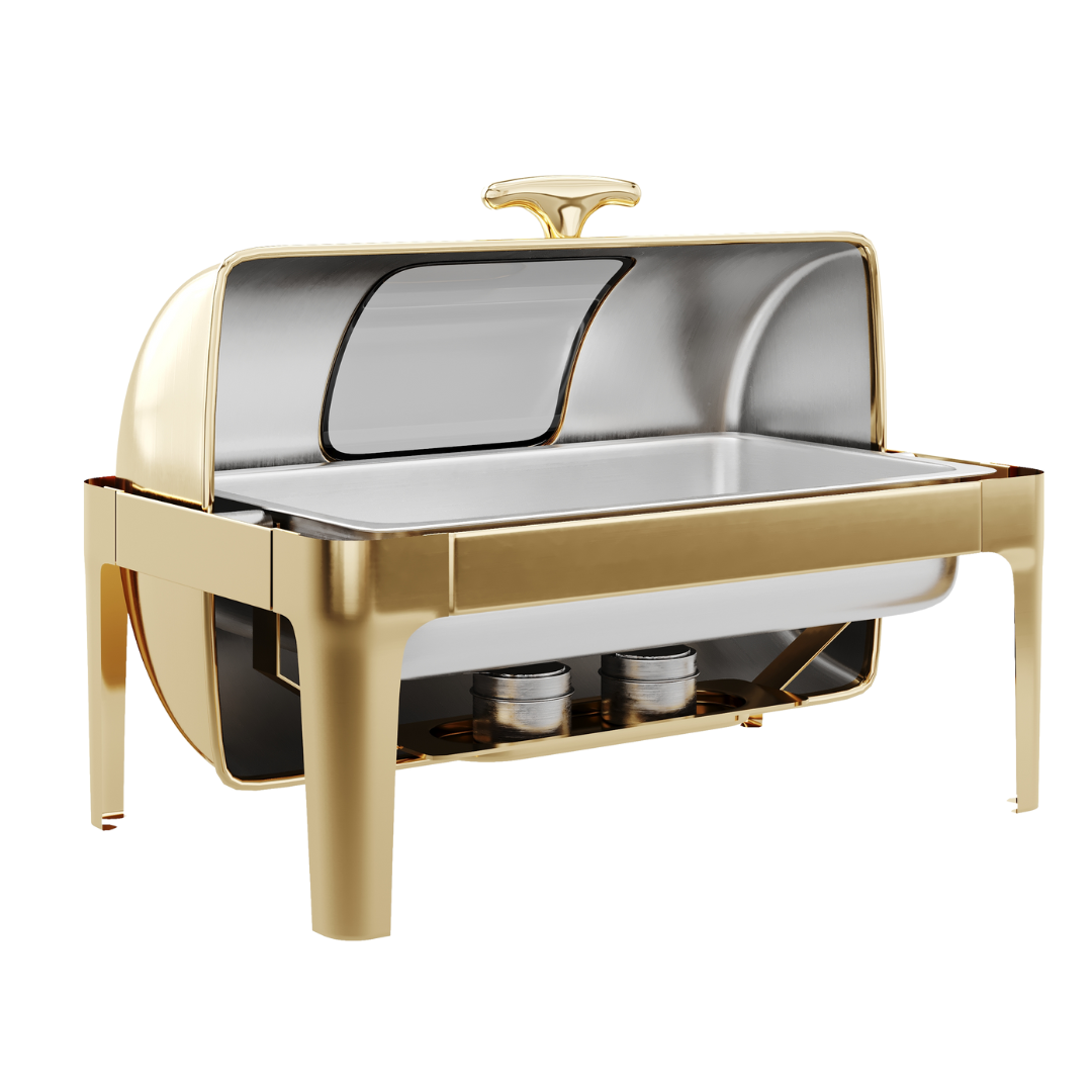 Gold Rolling Top rectangle chafing dish with the roll-top lid open and the food pan visible