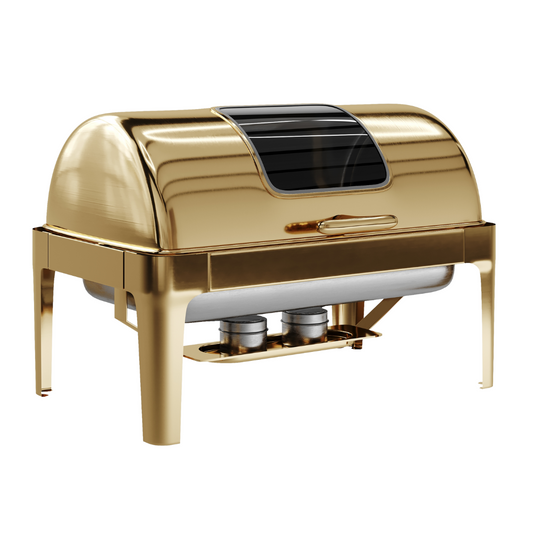 Rolling Top rectangle chafing dish in gold, 9 litre, roll-top lid with viewing window