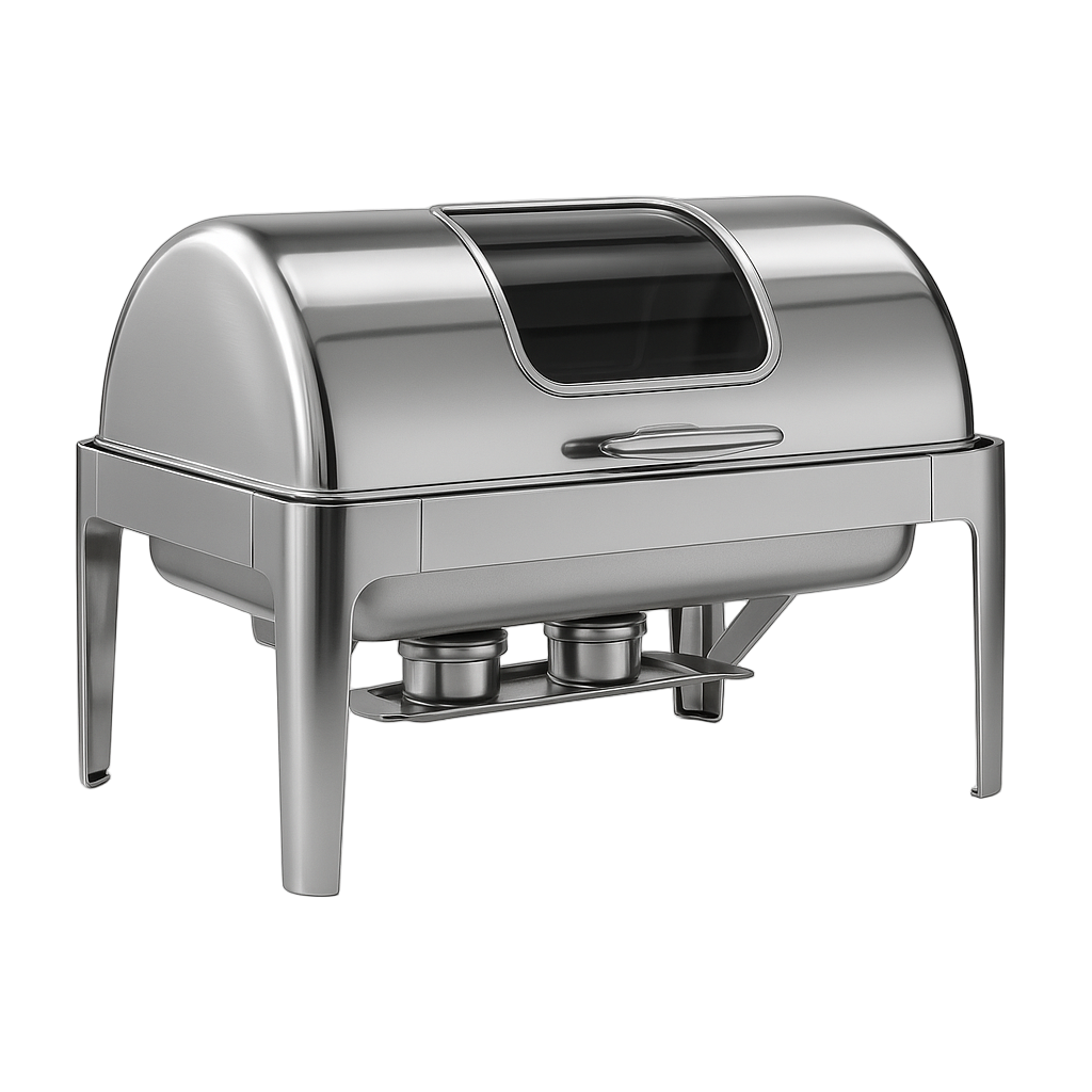 Stainless steel chafing dish on a white background