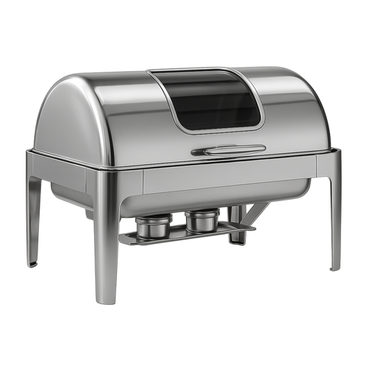 Stainless steel chafing dish on a white background