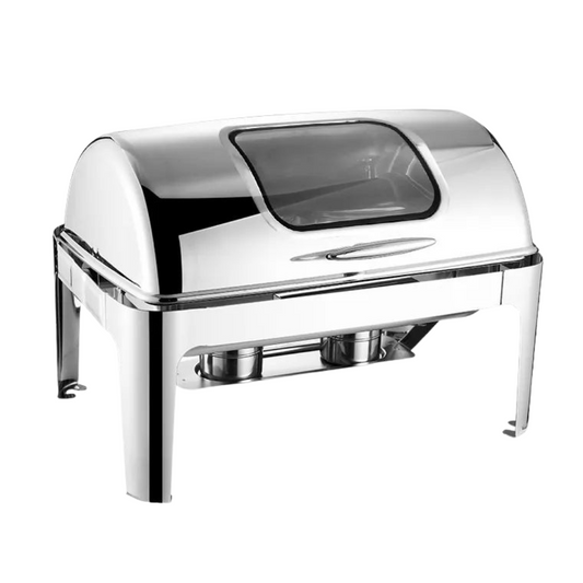 Rolling Top rectangle chafing dish in silver, 9 litre, roll-top lid with viewing window