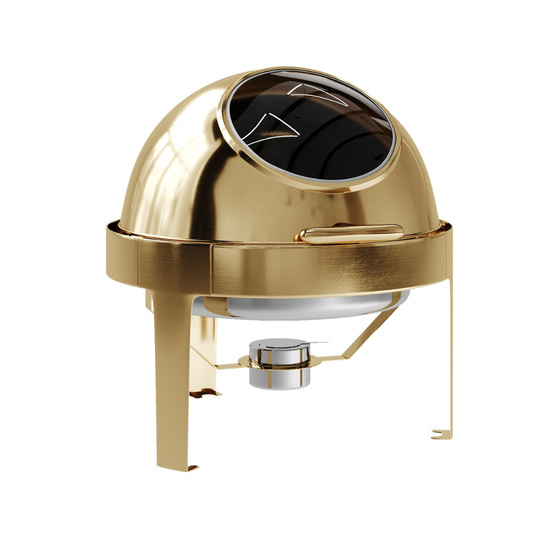Rolling Top round chafing dish in gold, 6 litre, closed roll-top lid with viewing window