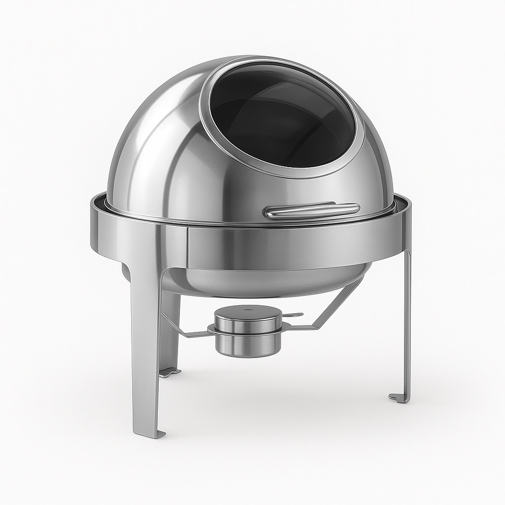 Stainless steel chafing dish on a white background