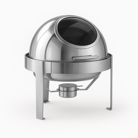 Stainless steel chafing dish on a white background
