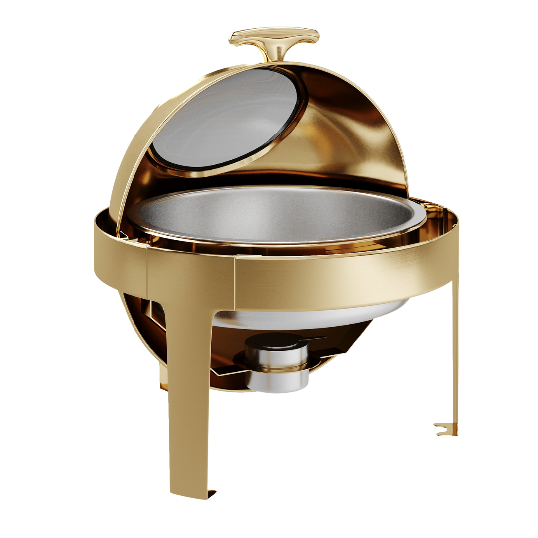 Gold Rolling Top round chafing dish with the lid rolled open and food pan visible
