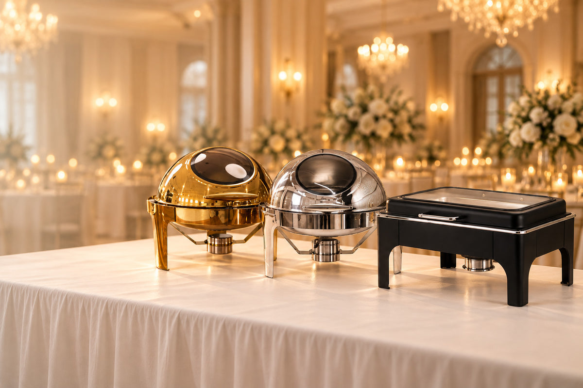 Gold, silver and jet black chafing dishes on a banquet table in a warm venue (illustrative image)