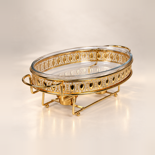 Crystal Clear home chafing dish, 3 litre, without its lid, showing the clear glass dish in the gold frame