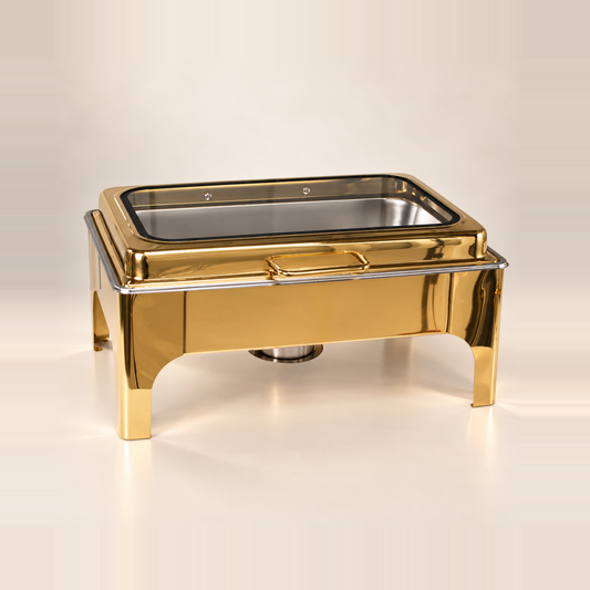 Gold Crystal Crown rectangle chafing dish, 9 litre, with a glass lid, on a warm off-white studio background