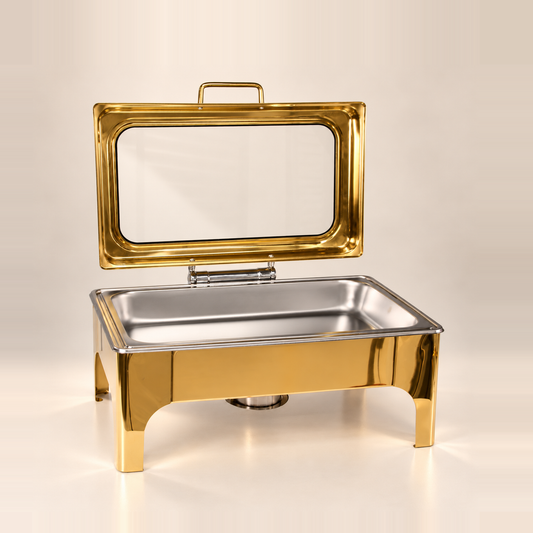 Gold Crystal Crown rectangle chafing dish with the glass lid raised, showing the stainless food pan