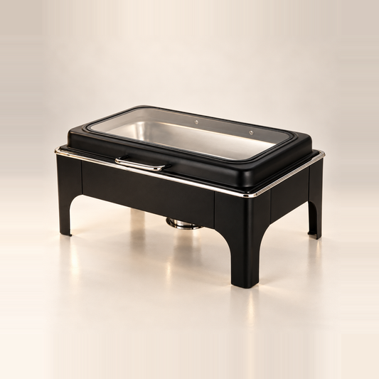 Jet black Crystal Crown rectangle chafing dish, 9 litre, with a glass lid and silver trim, on a warm off-white studio background