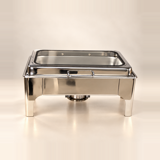 Silver Crystal Crown rectangle chafing dish, 9 litre, with a glass lid, on a warm off-white studio background