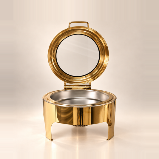 Gold Crystal Crown round chafing dish with the glass lid raised, showing the stainless food pan