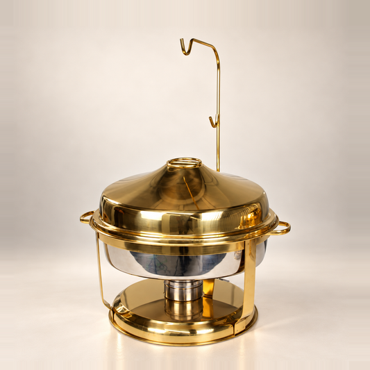 Gold Deluxe Hanging chafing dish, 9 litre, with a conical gold lid, stainless bowl and hanging hook, on a warm off-white studio background