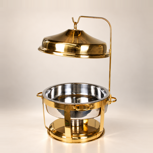 Gold Deluxe Hanging chafing dish, 9 litre, with the conical lid lifted on the hook above the stainless bowl