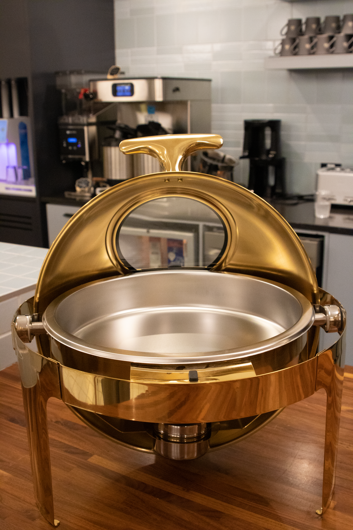 Gold Rolling Top round chafing dish with lid rolled back