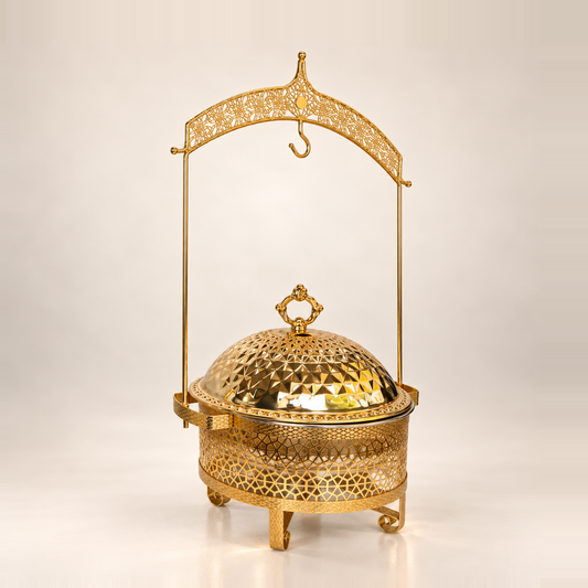 Gold Luxury Dining hanging chafing dish, 4.5 litre, three-quarter view, with its patterned dome lid and hanging frame