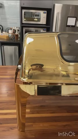 Video: gold Rolling Top rectangle chafing dish lid and legs