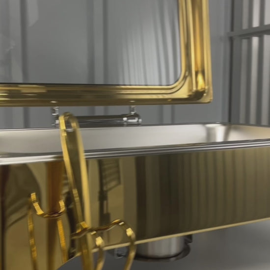 Video: gold Crystal Crown rectangle chafing dish with serving utensils