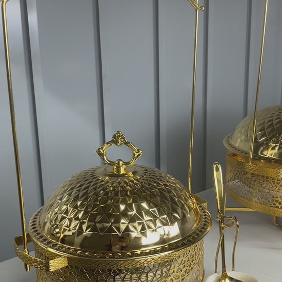 Video: gold hammered dome hanging chafing dishes with serving utensils