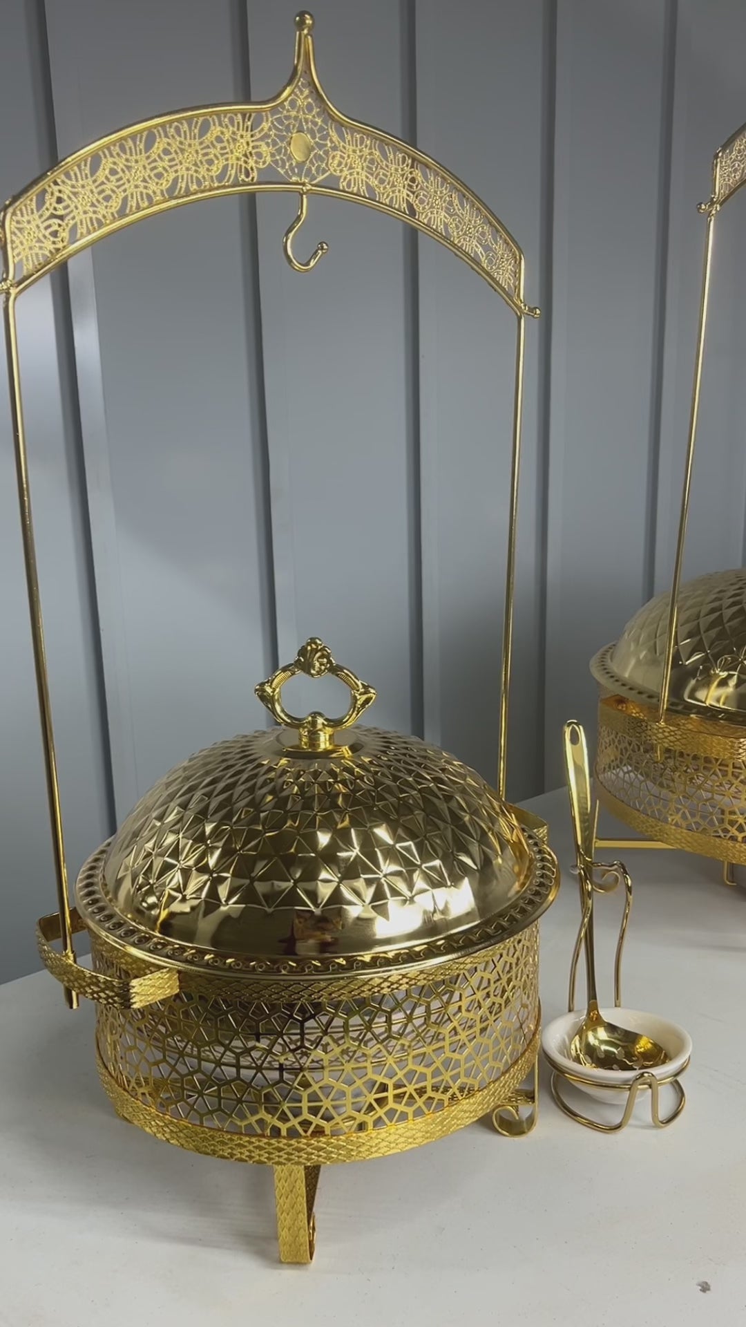 Video: gold hammered dome hanging chafing dishes with serving utensils