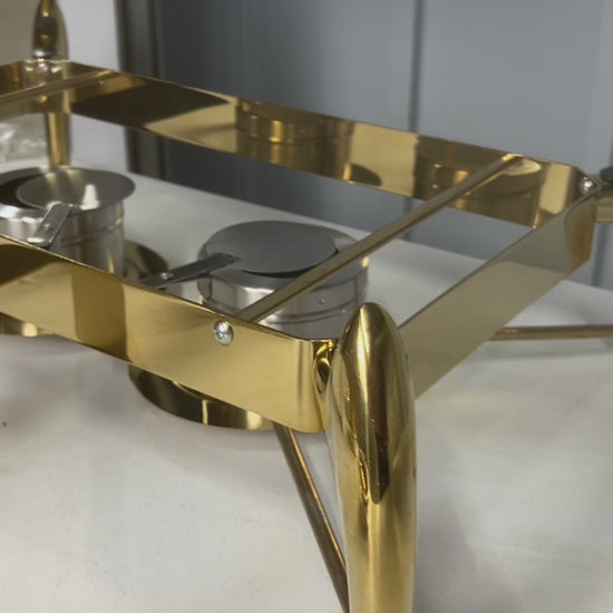 Video: gold rectangle chafing dish frame and legs