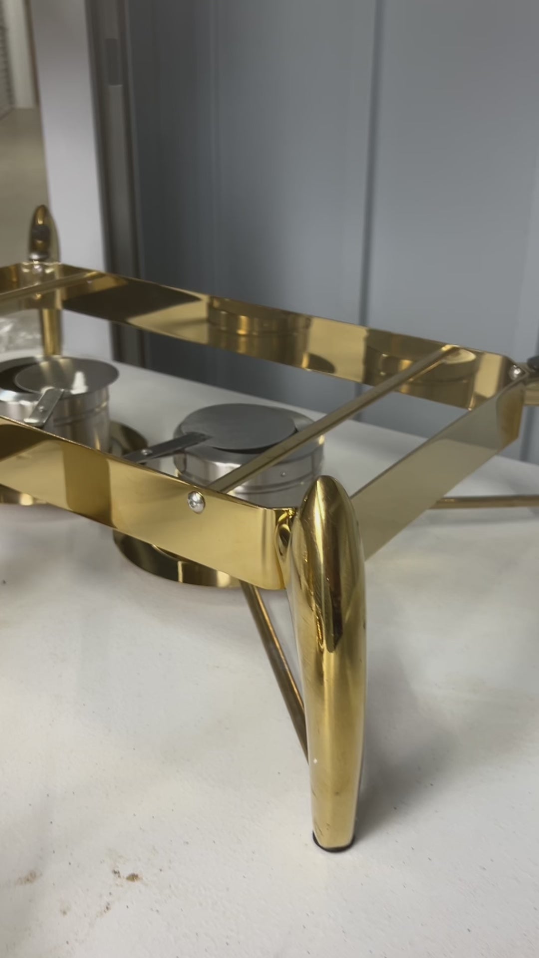 Video: gold rectangle chafing dish frame and legs