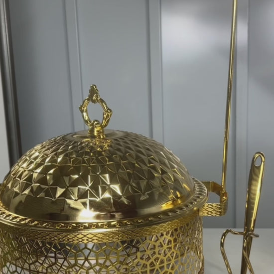 Video: gold Luxury Dining hanging chafing dish with hammered dome lid