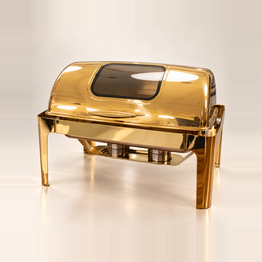 Gold Rolling Top rectangle chafing dish, 9 litre, with a roll-top lid and viewing window, on a warm off-white studio background