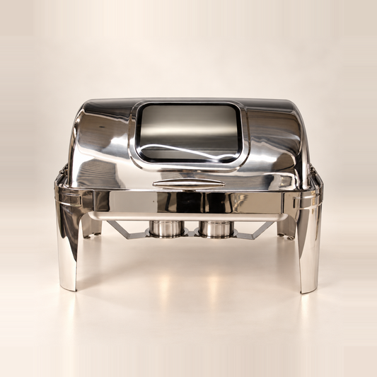 Silver Rolling Top rectangle chafing dish, 9 litre, with a roll-top lid and viewing window, on a warm off-white studio background