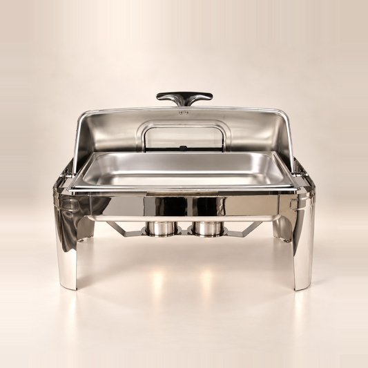 Silver Rolling Top rectangle chafing dish with the roll-top lid rolled back, showing the food pan