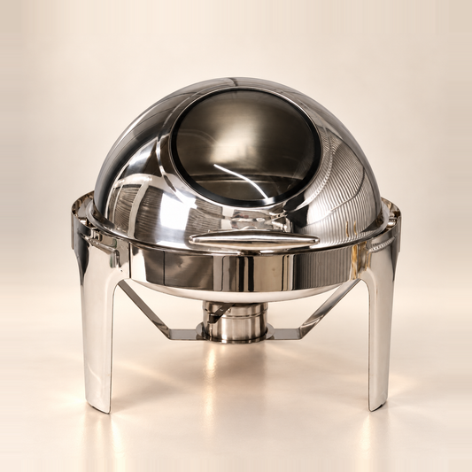 Silver Rolling Top round chafing dish, 6 litre, with a roll-top lid and viewing window, on a warm off-white studio background