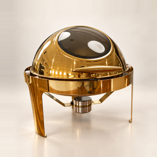 Gold Rolling Top round chafing dish, 6 litre, with a roll-top lid and viewing window, on a warm off-white studio background